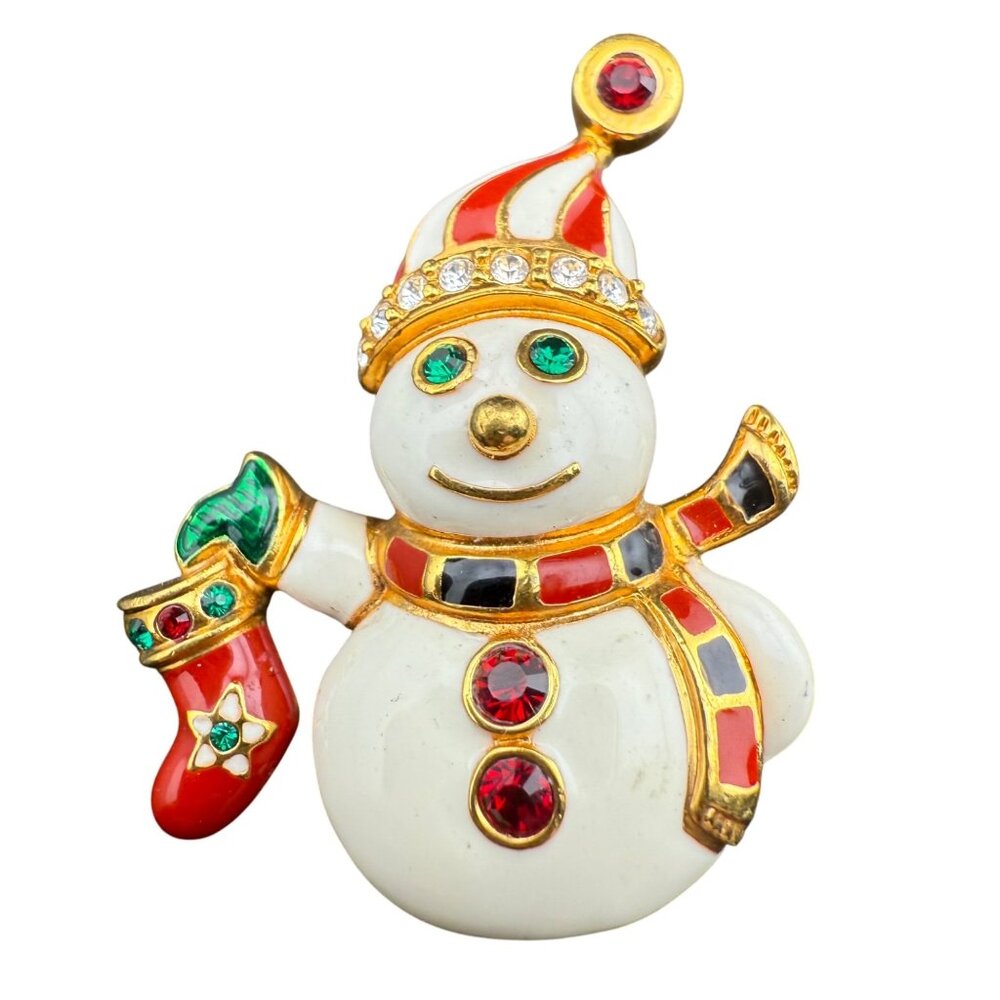 Snowman Christmas Enamel Rhinestone Pin Brooch Gold-Tone Red Green Festive Holid